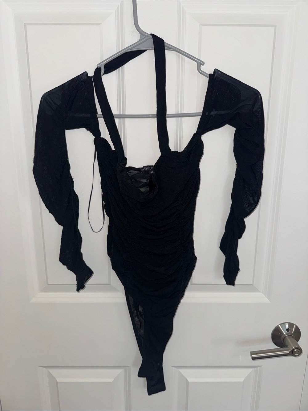 Fashion Nova Black Ruched Sheer Long-Sleeve Bodysuit